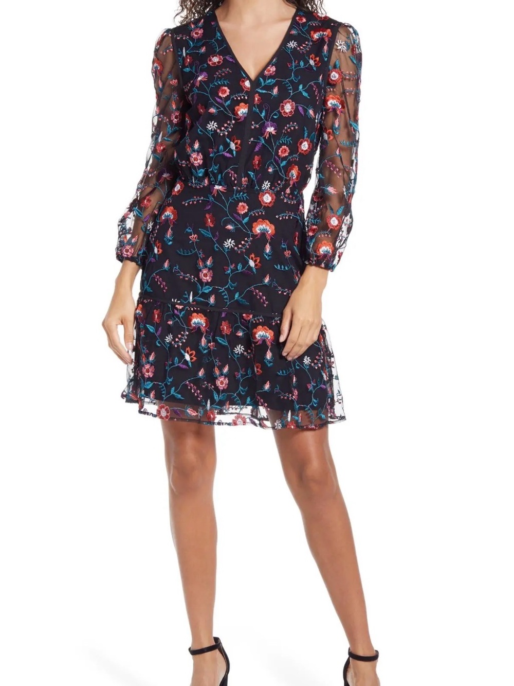 Sam Edelman Black Pink Floral Embroidered Long Sleeve Blouson Dress 8